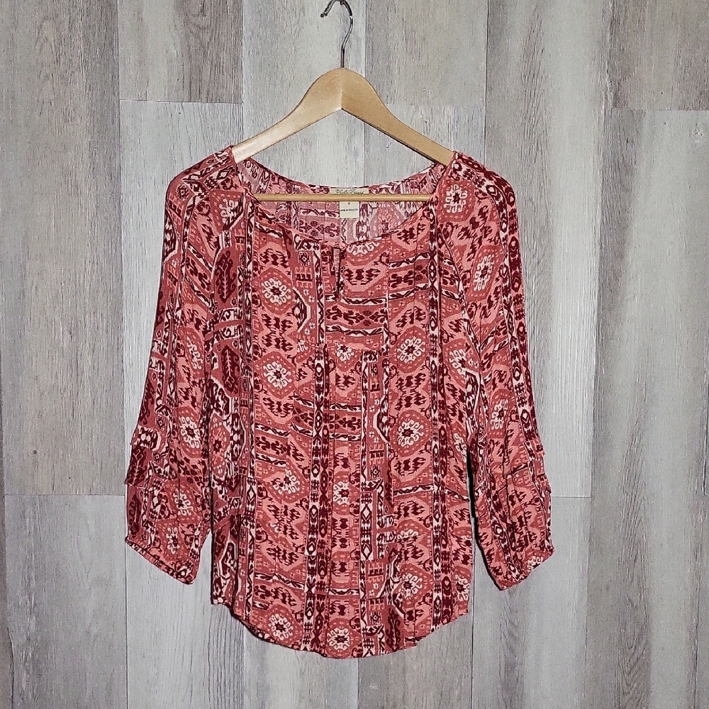 Lucky Brand Womens Medium Blouse 3/4 Sleeve Keyhole Tiered Southwest Flowy